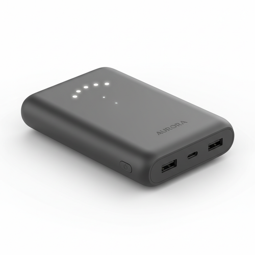 Sleek 10000mAh portable power bank with dual USB ports and LED indicator