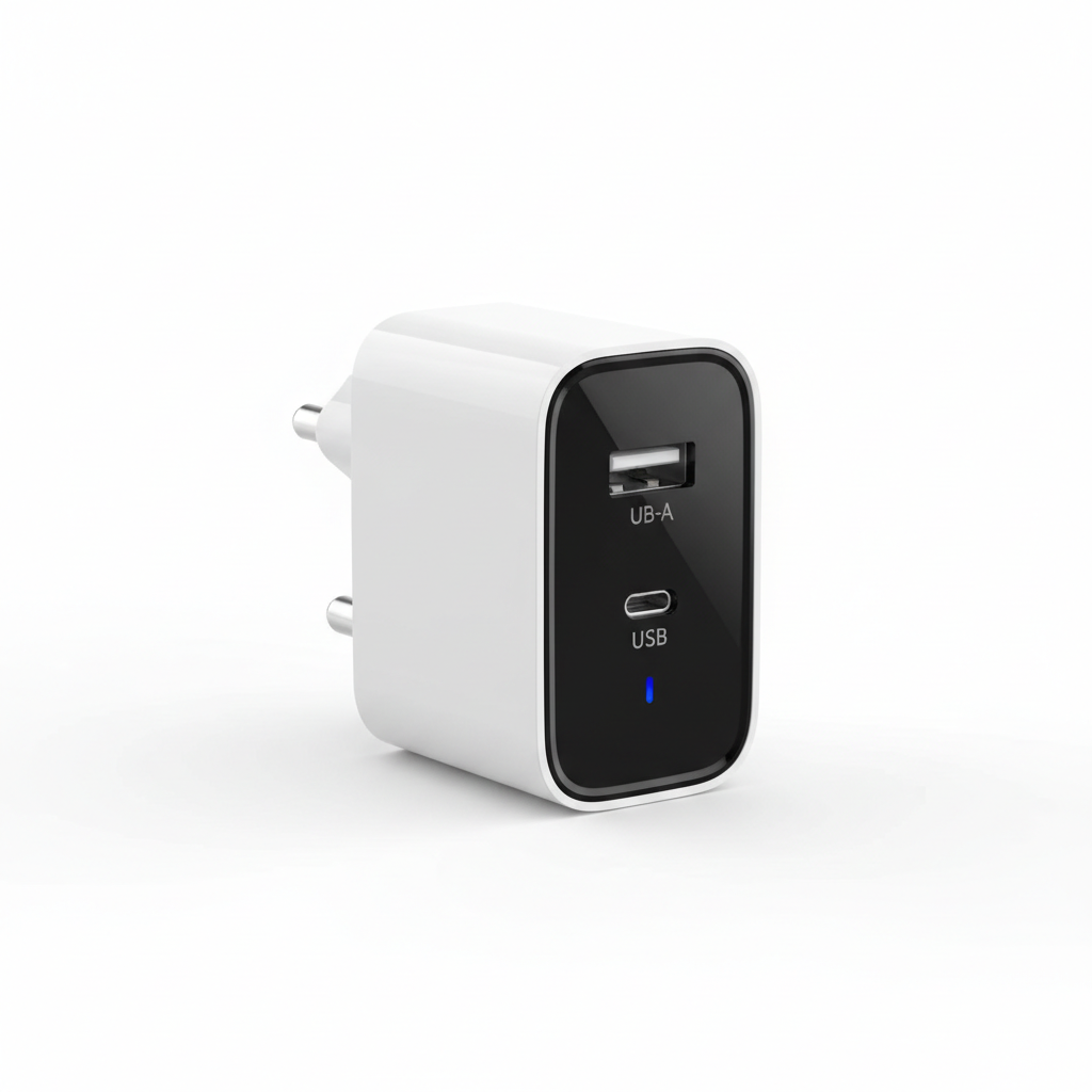 Compact fast wall charger with dual USB-A and USB-C ports and foldable plug