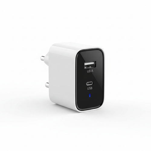 Compact fast wall charger with dual USB-A and USB-C ports and foldable plug